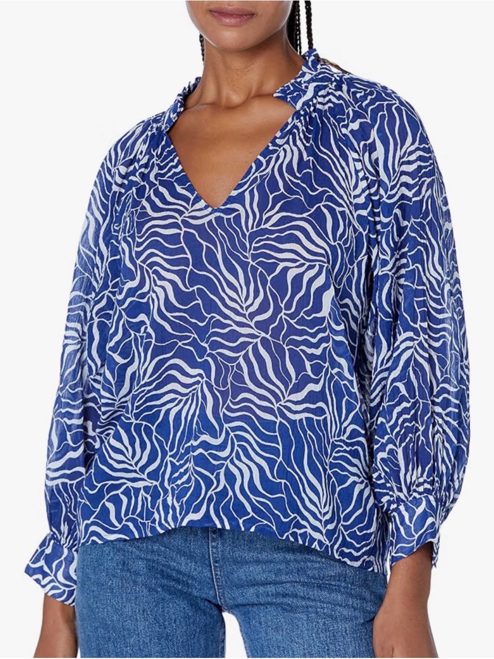 Joie Royal Blue and White Printed V-Neck Peasant Blouse